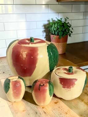 Vintage Hull Pottery Blushing Apple 4-Piece Kitchen Set - Cookie Jar & Shakers